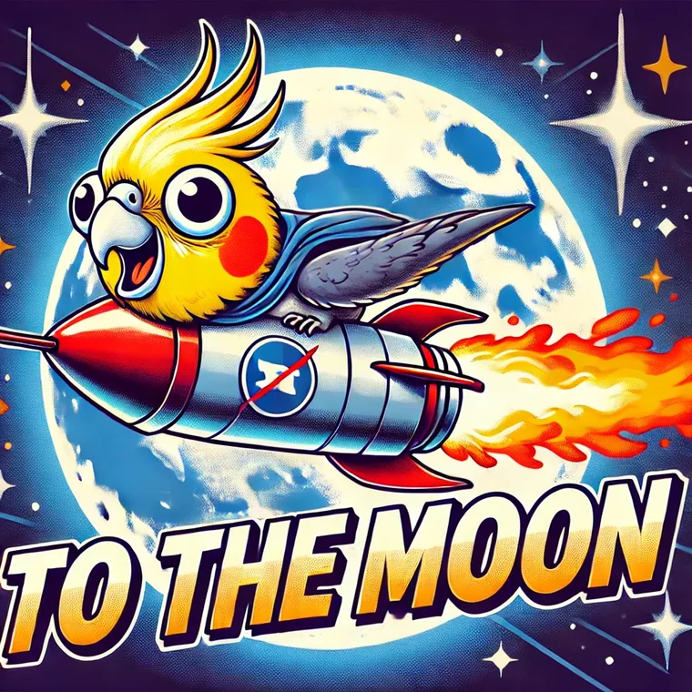 Cocka riding a rocket to the moon